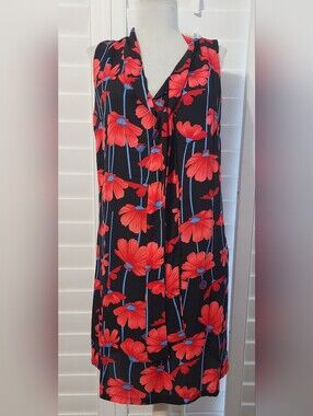 Sweet Miss Womens Medium Dress Vibrant Red Floral Pattern, Tie Neck Style